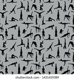 yoga poses silhouettes seamless pattern. vector gray background