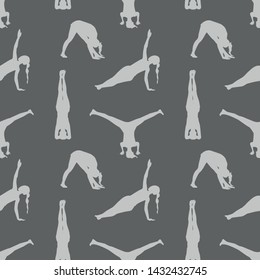 yoga poses silhouettes seamless pattern. vector gray background