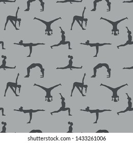 yoga poses silhouettes seamless pattern. vector gray background
