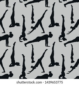 Yoga poses silhouettes seamless pattern. Vector gray background