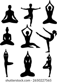 Yoga Poses Silhouettes Set 16 Meditative Postures Vector Icons