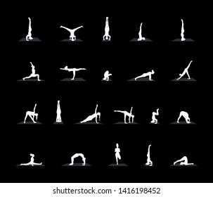 yoga poses silhouettes set. Vector illustration on black background.