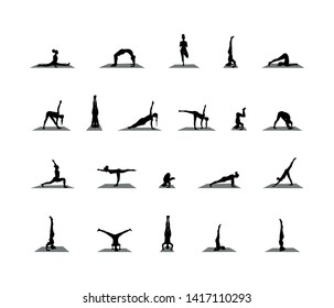 yoga poses silhouettes set. Vector black and white isolated illustration.