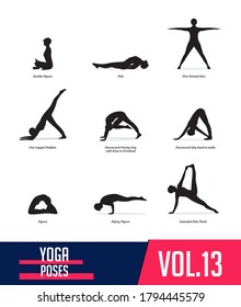 Yoga Poses silhouettes of woman doing yoga exercises in flat design. Icons set flexible girl stretching  and relaxing body in different asana poses. Isolated black shapes of woman. Vector Illustration