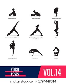 Yoga Poses silhouettes of woman doing yoga exercises in flat design. Icons set flexible girl stretching  and relaxing body in different asana poses. Isolated black shapes of woman. Vector Illustration
