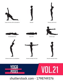 Yoga Poses silhouettes of woman doing yoga exercises in flat design. Icons set flexible girl stretching  and relaxing body in different asana poses. Isolated black shapes of woman. Vector Illustration