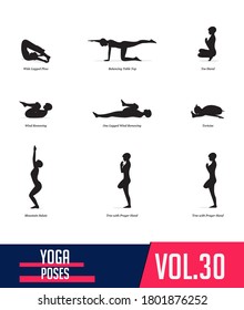 Yoga Poses silhouettes of woman doing yoga exercises in flat design. Icons set flexible girl stretching  and relaxing body in different asana poses. Isolated black shapes of woman. Vector Illustration