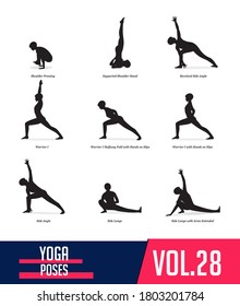 Yoga Poses silhouettes of woman doing yoga exercises in flat design. Icons set flexible girl stretching  and relaxing body in different asana poses. Isolated black shapes of woman. Vector Illustration