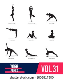 Yoga Poses silhouettes of woman doing yoga exercises in flat design. Icons set flexible girl stretching  and relaxing body in different asana poses. Isolated black shapes of woman. Vector Illustration