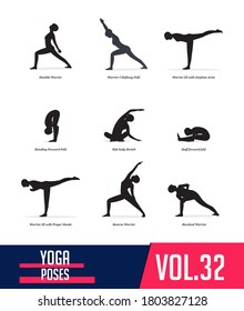 Yoga Poses silhouettes of woman doing yoga exercises in flat design. Icons set flexible girl stretching  and relaxing body in different asana poses. Isolated black shapes of woman. Vector Illustration