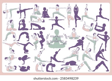 Yoga poses and silhouettes. Woman doing physical exercises. Vector illustration.