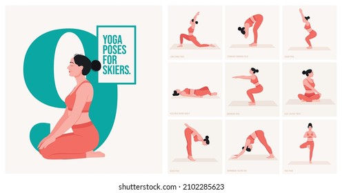 Yoga Poses For Skiers. Young Woman Practicing Yoga Poses. Woman Workout Fitness And Exercises.