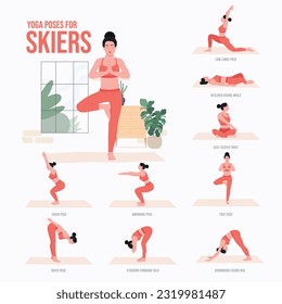 Yoga poses For Skiers. Young woman practicing Yoga pose. Woman workout fitness, aerobic and exercises.