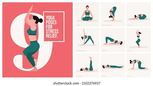 Yoga poses For Stress Relief. Young woman practicing Yoga poses. Woman workout fitness and exercises.