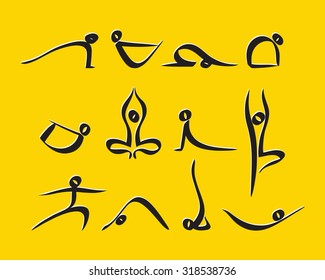 Yoga poses symbols set. Hand drawn stylized vector illustration.