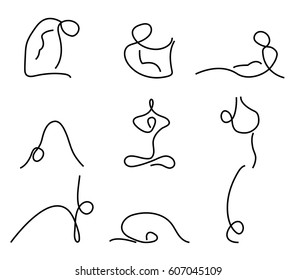 Yoga poses symbols set in simple lines icon