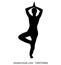 Yoga Poses: Tree Pose. Black Icon Man. Silhouette Of A Man