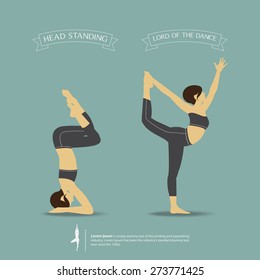 Yoga poses in two position. Head standing pose and Lord of the dance pose. Vector Illustration.
