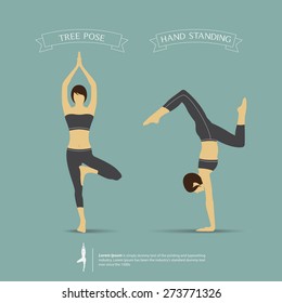 Yoga poses in two position. Tree pose and Hand standing pose. Vector Illustration.