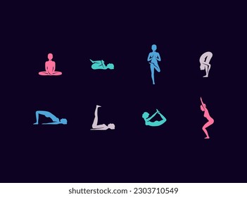 Yoga poses vector icon set. Woman practicing different yoga positions.