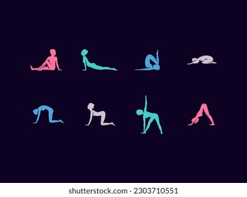 Yoga poses vector icon set. Woman practicing different yoga positions.