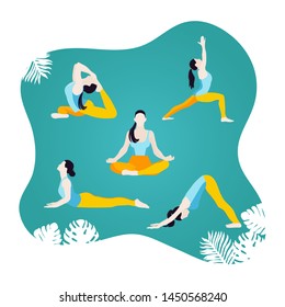 Yoga poses. Vector yoga illustration design. Girls doing yoga. Outdoor yoga set.