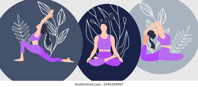 Yoga poses. Vector illustration in flat design style. Set of yoga poses.