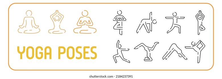 Yoga poses vector line icons set. Yoga symbols or sign. Gymnastics exercises, stretching and meditation. Healthy lifestyle sport illustrations