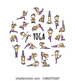 Yoga poses vector round concept. Healthy lifestyle and sport hand drawn set on white background. Active girl doing exercises and yoga asanas