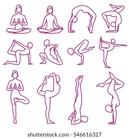Yoga poses vector silhouettes, pilates fitness female exercises set