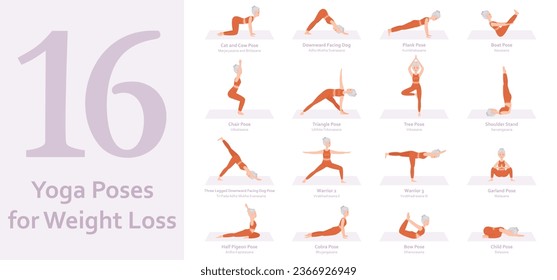 Yoga poses for Weight loss. Elderly woman practicing yoga asana. Healthy lifestyle. Full body yoga, fitness, aerobic and exercises workout. Flat cartoon character. Vector illustration