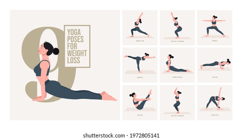 yoga poses for Weight Loss. Young woman practicing Yoga pose. Woman workout fitness, aerobic and exercises. Vector Illustration.