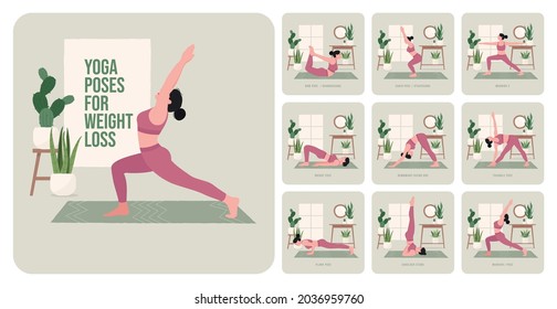 Yoga poses for Weight Loss. Young woman practicing Yoga pose. Woman workout fitness, aerobic and exercises. Vector Illustration