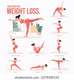 Yoga poses For Weight loss. Young woman practicing Yoga pose. Woman workout fitness, aerobic and exercises. Vector Illustration.