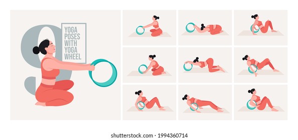 Yoga poses with yoga wheel. Young woman practicing Yoga pose. Woman workout fitness, aerobic and exercises. Vector Illustration.