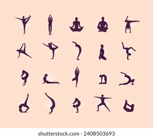 Yoga Poses Woman Silhouette Isolated Over White Background, Set Of People Figures In Sport Gymnastics Training Exercise