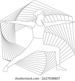 Yoga poses: Woman in Warrior II pose, Virabhadrasana II. Line drawing with abstract geometric lines in the background.