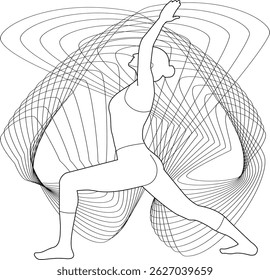 Yoga poses: Woman in Warrior I pose, Virabhadrasana I — line drawing with abstract geometric lines in the background.