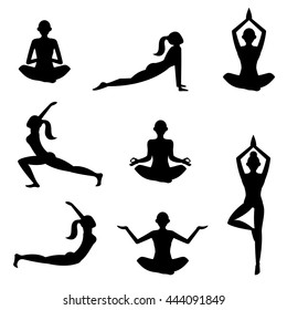 Yoga poses women silhouettes on white background vector illustration.