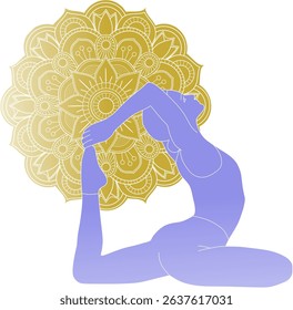 Yoga poses: Young woman in One-Legged King Pigeon Pose, Eka Pada Rajakapotasana. Colored vector illustration, with the woman’s silhouette in blue and a golden mandala in the background.