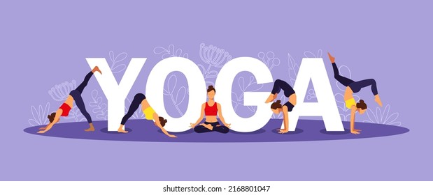 Yoga poses.Yoga class. Exercise, stretching. Wellness training in flat vector illustration