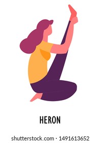 Posición de yoga o asana, ejercicio de garza, deporte o fitness, vectores de caracteres femeninos aislados. Mujer sentada y levantando la pierna, ejercitando y meditando. Cultura de las niñas y orientales, deporte y estiramiento