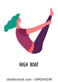 Yoga position or asana, high boat exercise, sport or fitness, isolated female character vector. Woman keeping balance sitting with raised legs, workout. Girl and oriental culture, stretching