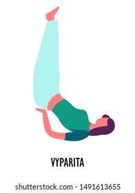 Yoga position or asana, vyparita exercise, sport or fitness, isolated female character vector. Woman raising hips and legs, workout and meditation. Girl and oriental culture, balance and concentration