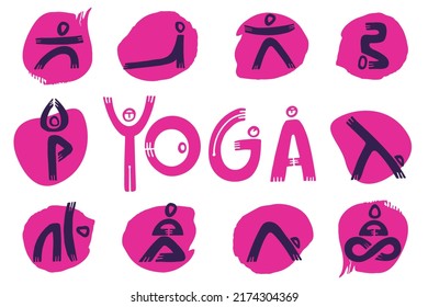 Yoga position icons set. Yoga letters concept. Vector elements isolated on white for yoga studio poster, flyer, wallpapers.