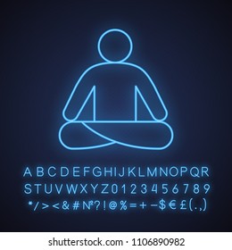 Yoga position neon light icon. Yoga class. Glowing sign with alphabet, numbers and symbols. Vector isolated illustration