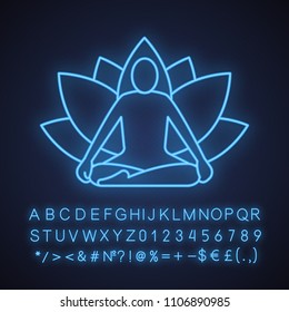 Yoga position neon light icon. Yoga class. Glowing sign with alphabet, numbers and symbols. Vector isolated illustration