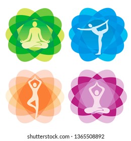 Yoga position on icons on decorative backgrounds.
Set of yoga icons on colorful decorative abstrtract background.Isolated on white background. Vector available.