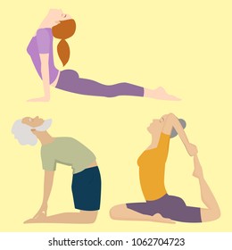 Yoga positions characters class meditation people concentration human peace lifestyle vector illustration.
