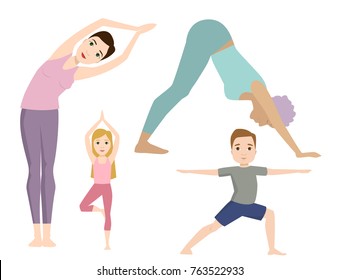 Yoga positions characters class meditation people concentration human peace lifestyle vector illustration.